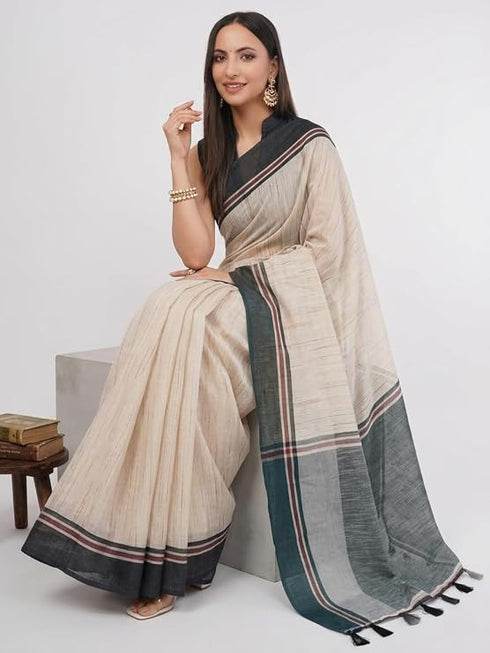 Vasthrlay Beige Printed Linen Saree With Unstitched Blouse Piece
