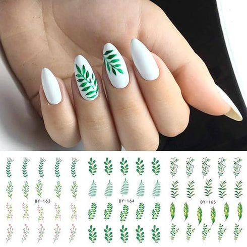 S.A.V.I Floral Nail Decals - 12 Green Plant Designs- Water Transfer Nail Art Stickers