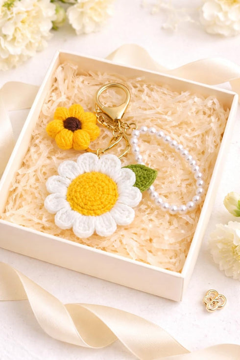 Handmade Crochet Sunflower with Daisy Keychain and Pearl Loop