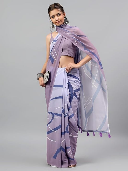 Vasthrlay Blue Floral| Solid| Striped Design Georgette Saree With Unstitched Blouse Piece
