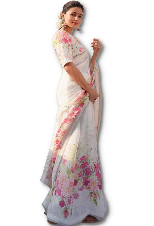 Vasthrlay White Printed Unstitched Saree
