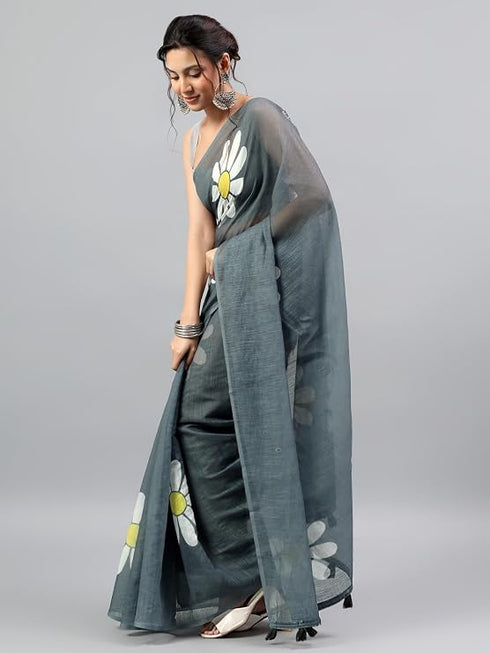 Vasthrlay Grey Linen Floral Printed Saree With Solid Unstitched Linen Blouse Piece