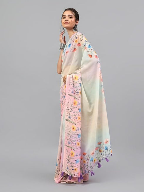 Vasthrlay Off White Floral Printed Georgette Saree With White Solid Georgette Unstitched Blouse