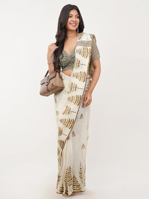 Vasthrlay Off White Womens Paisley Printed Linen Saree With Unstitched Blouse Piece
