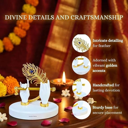 Gold Plated Melodic Krishna Hands Statue with Flute & Peacock Feather