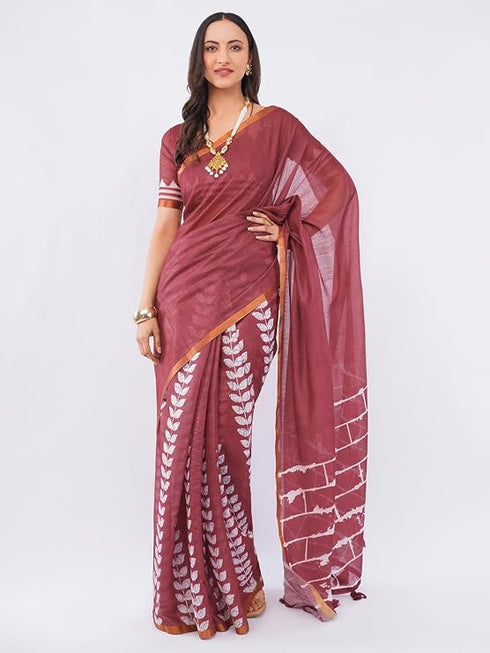 Vasthrlay Maroon Women'S Blue And White Chevron Printed Linen Saree With Unstitched Blouse