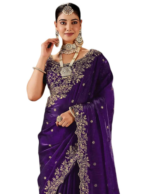 Vasthrlay Scalloped Embroidery Unstitched Rani Pink Saree