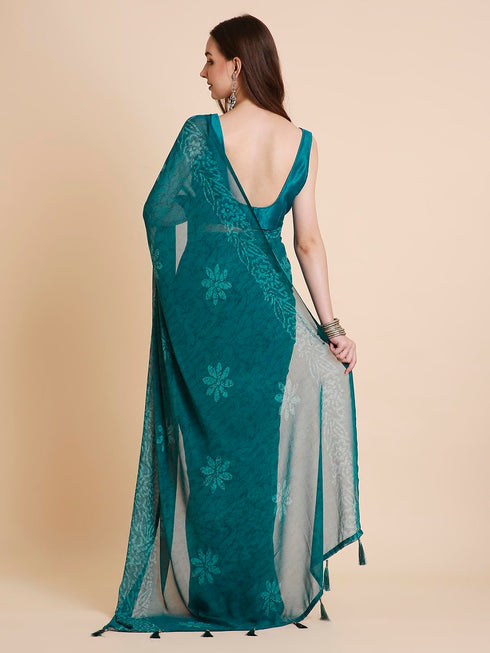 Vasthrlay Georgette Printed Unstitched Turquoise Saree
