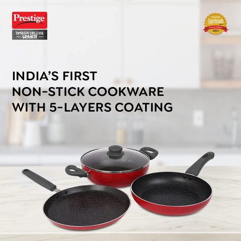 Prestige Omega Granite Non-Stick 3 Pc Cookware Set with Glass Lid