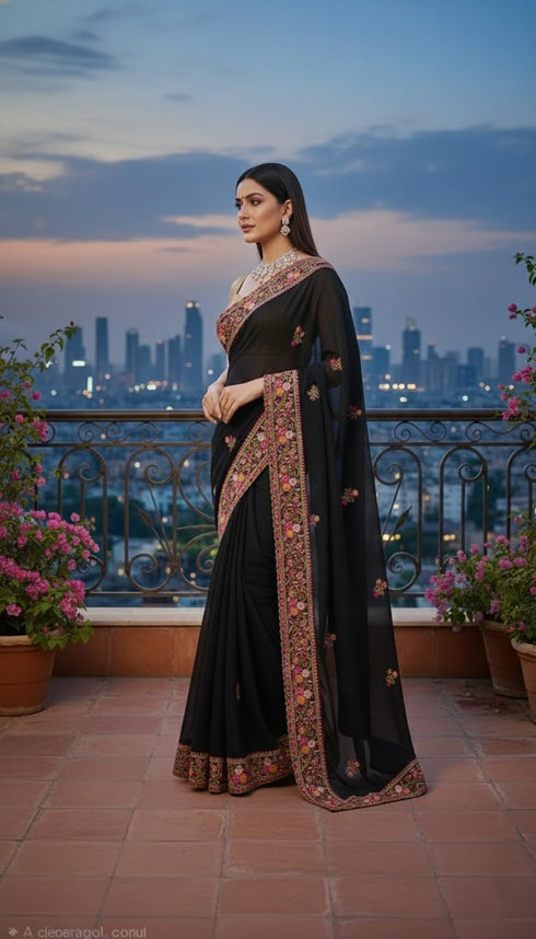 Vasthrlay Georgette Embroidery Unstitched Black Ethnic Wear