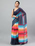 Vasthrlay Multicolor Printed Striped Linen Saree With Solid Linen Unstitched Blouse Piece For Women