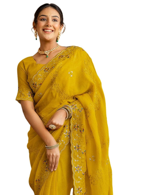 Vasthrlay Shimmer Embroidery Olive Saree