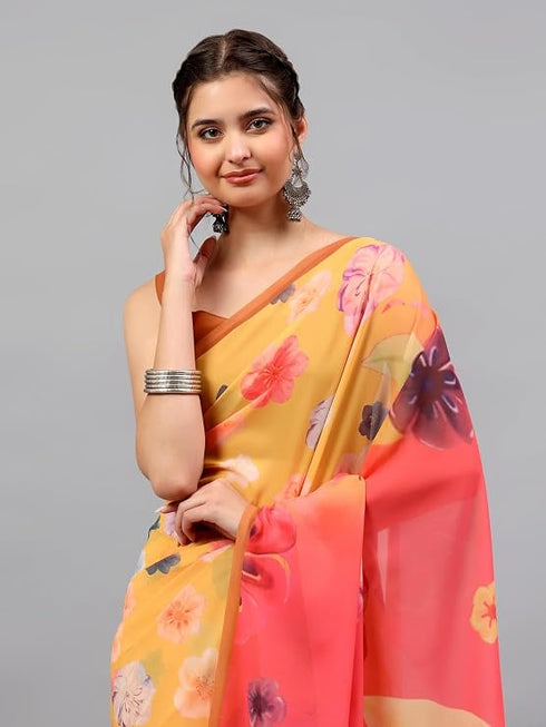 Vasthrlay Yellow Floral| Solid| Striped Design Georgette Saree With Unstitched Blouse Piece