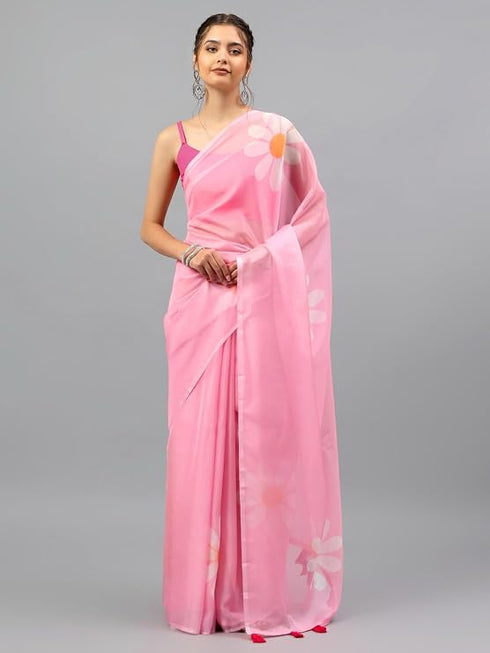 Vasthrlay Pastel Pink2 Sheer Floral Printed Art Chiffon Saree With Unstitched Blouse