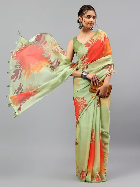 Vasthrlay Green Sheer Spring Floral Printed Art Chiffon Saree With Unstitched Blouse