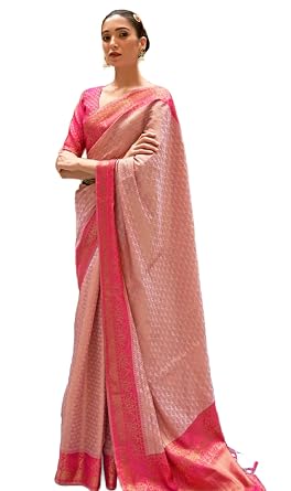 Vasthrlay Kanjivaram Banarasi Silk Pink Saree Zari Woven For Festival Wedding Silk With Rich Pallu Design