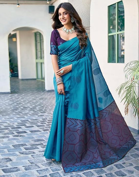 Vasthrlay Banarasi Jacquard Unstitched Teal Saree