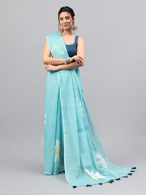 Vasthrlay Light Blue Linen Floral Printed Saree With Solid Unstitched Linen Blouse Piece