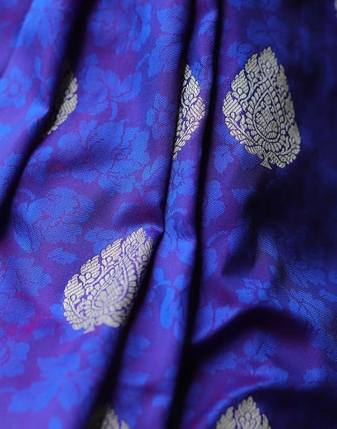 Vasthrlay Kanjivaram Banarasi Wedding Dark Blue Saree With Unstitched Blouse Piece