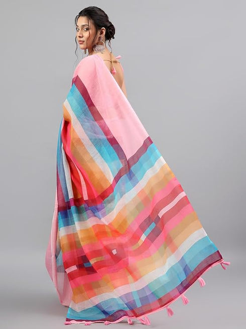 Vasthrlay Peach Printed Striped Linen Saree With Solid Linen Unstitched Blouse Piece For Women