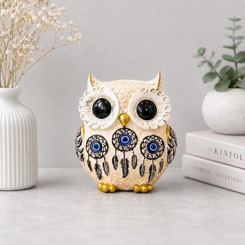Owl Showpiece for Home Decor, Resin Figurine with Gold Detailing Lucky Evil Eye Owl Statue for Living Room