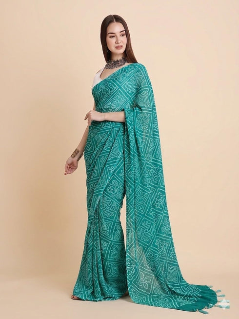Vasthrlay Chiffon Bandhani Printed Teal Saree