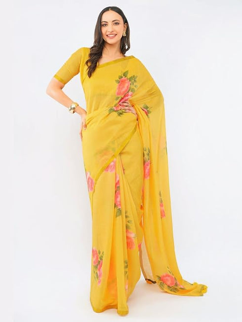 Vasthrlay Yellow1 Daisy Floral Prints Linen Saree With Zari Border And Unstitched Blouse Piece