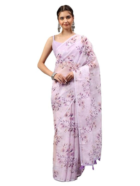 Vasthrlay Purple Sheer Floral Printed Art Chiffon Saree With Unstitched Blouse