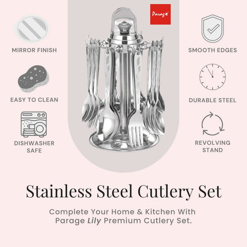 Parage 24 Pieces Lily Cutlery Set Stainless Steel With Stand