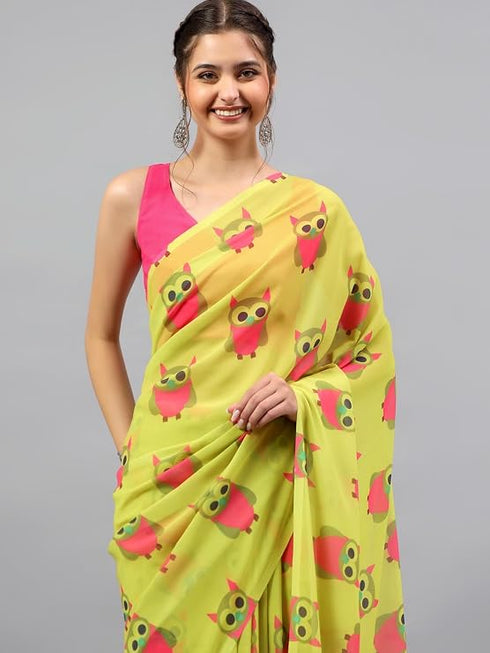 Vasthrlay Green Floral| Solid| Striped Design Georgette Saree With Unstitched Blouse Piece