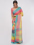 Vasthrlay Peach Striped | Floral | Solid Print Design Linen Saree With Solid Unstitched Linen Blouse Piece