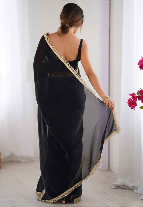 Vasthrlay Black Chiffon Sequins Unstitched Saree