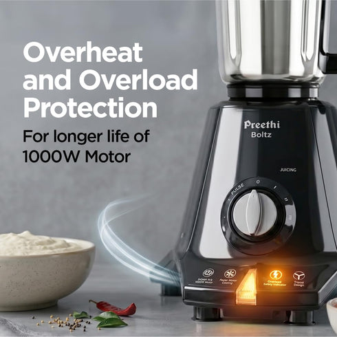 Preethi Boltz 1000 Watts Mixer Grinder, 4 Jars (3 Stainless Steel Jars, Blender Jar), Powerful Grinding for Masalas, Chutneys and Batters, 2 Year Warranty, Lifelong Free Service, Black