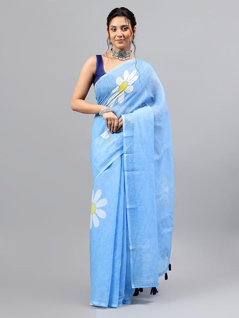 Vasthrlay Blue Womens Ready To Wear One Minute Linen Fabric Saree