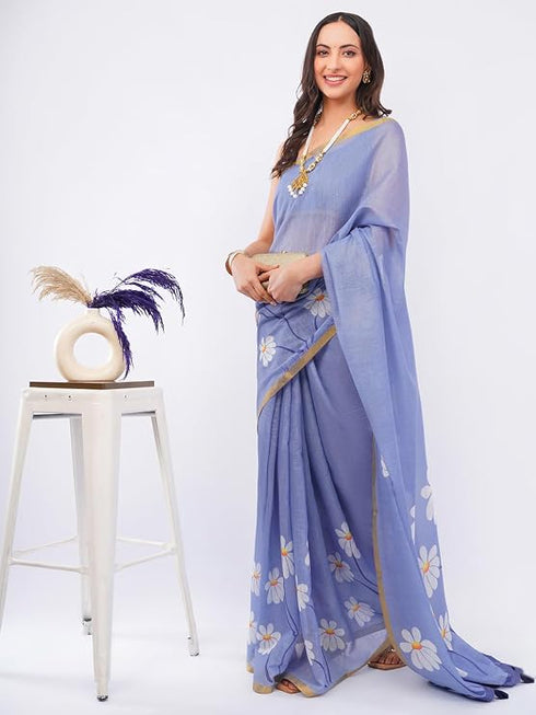Vasthrlay Violet Womens Violet Lavender Daisy Floral Prints Linen Saree With Zari Border And Unstitched Blouse Piece