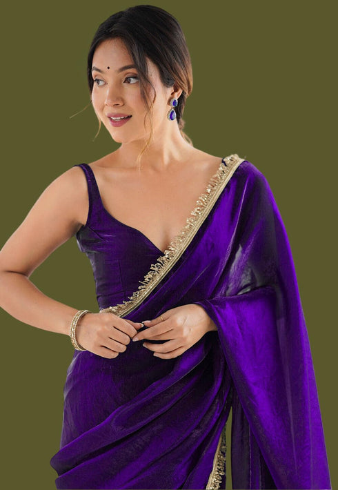 Vasthrlay Lavender Chiffon Sequins Unstitched Saree