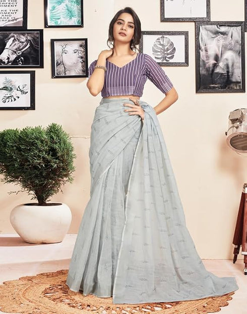 Vasthrlay Printed Pleated Unstitched White Saree