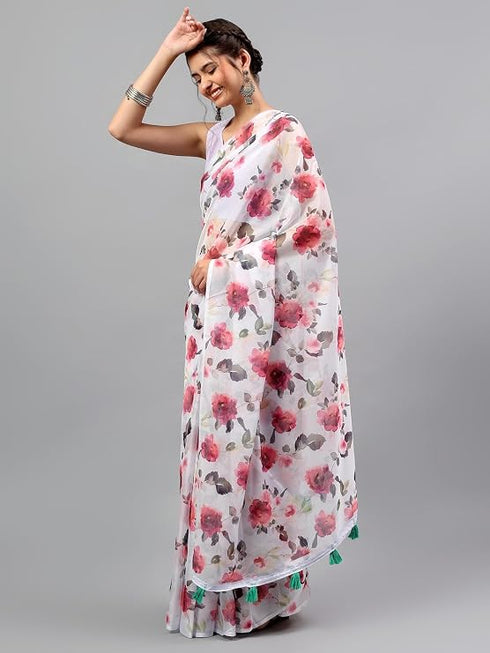 Vasthrlay Purple Sheer Spring Floral Printed Art Chiffon Saree With Unstitched Blouse