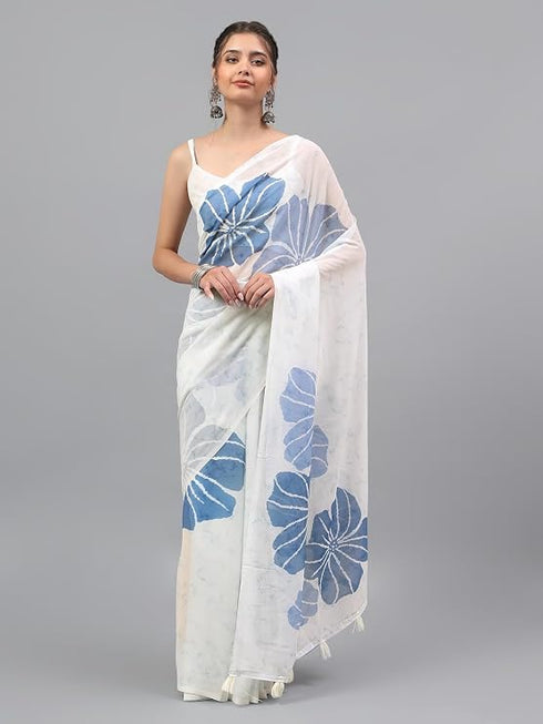 Vasthrlay White Floral Printed Georgette Saree With White Solid Georgette Unstitched Blouse