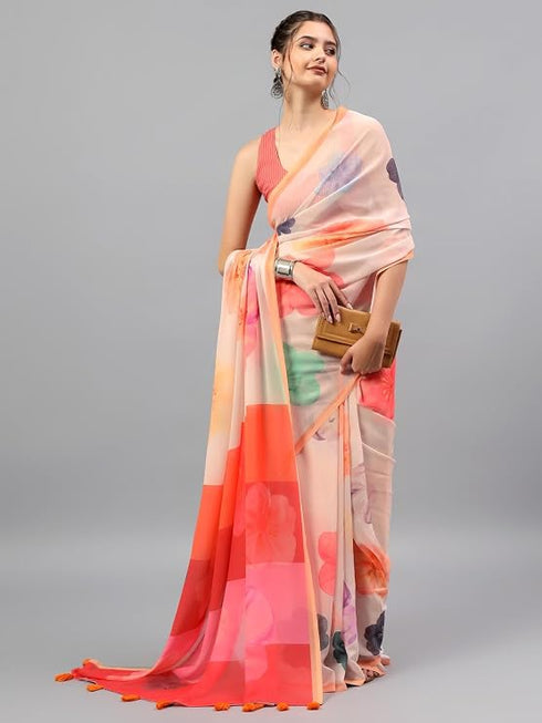 Vasthrlay Cream Faux Georgette Botanical Floral Printed Saree With Unstitched Blouse