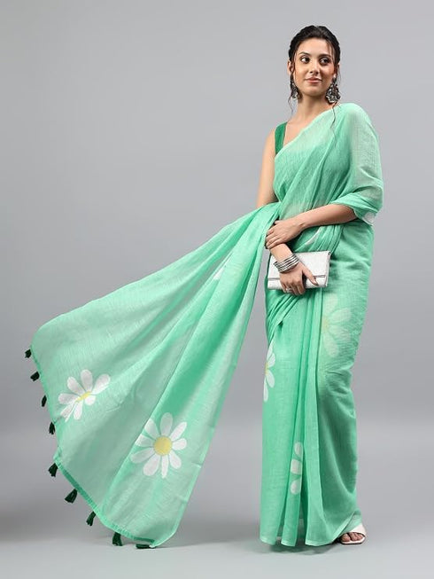 Vasthrlay Lemon Green Linen Floral Printed Saree With Solid Unstitched Linen Blouse Piece