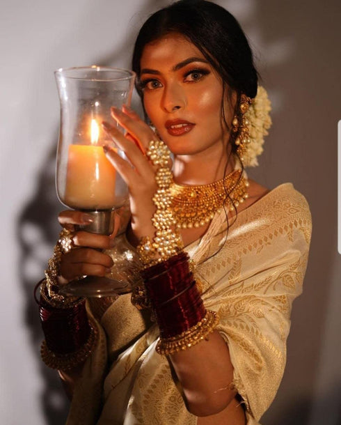 Vasthrlay Cream Kanjivaram Wedding Saree