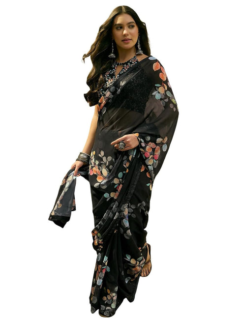 Vasthrlay Georgette Printed Black | Multicolour Saree With Unstitched Blouse Piece
