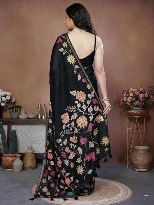 Vasthrlay Black Floral Linen Saree With Solid Black Unstitched Blouse