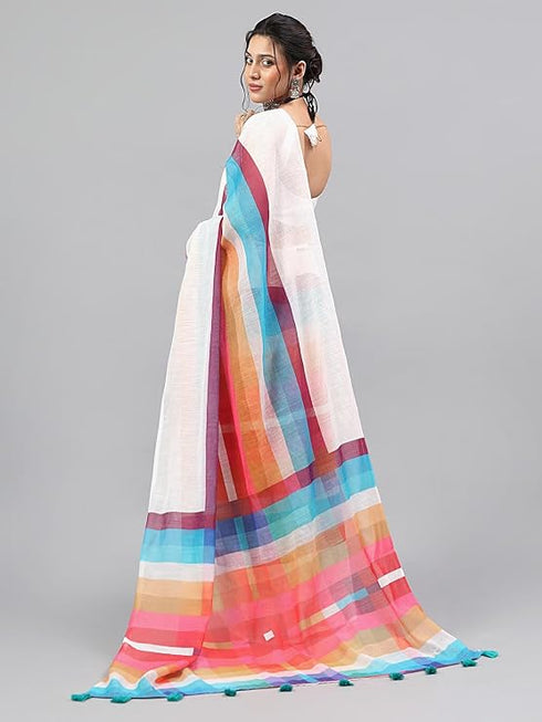 Vasthrlay White Printed Striped Linen Saree With Solid Linen Unstitched Blouse Piece For Women