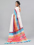 Vasthrlay White Printed Striped Linen Saree With Solid Linen Unstitched Blouse Piece For Women