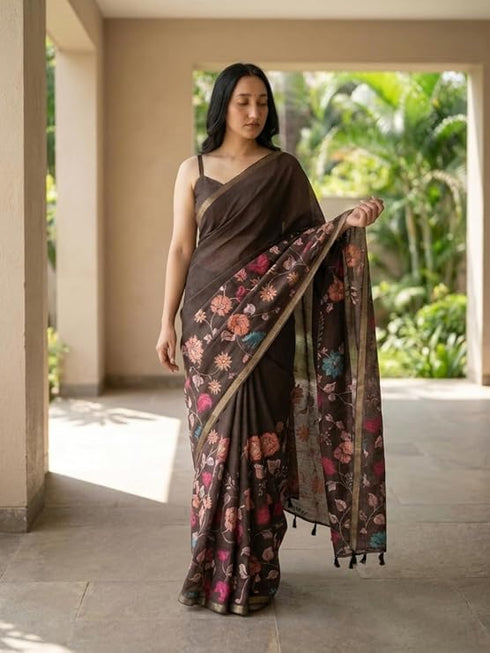 Vasthrlay Brown Floral Linen Saree With Solid Black Unstitched Blouse