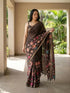 Vasthrlay Brown Floral Linen Saree With Solid Black Unstitched Blouse