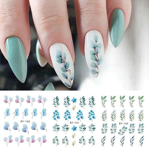 S.A.V.I Floral Nail Decals - 12 Green Plant Designs- Water Transfer Nail Art Stickers