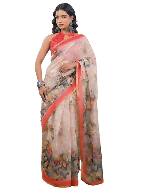 Vasthrlay Bandhani Embroidery Unstitched White Saree